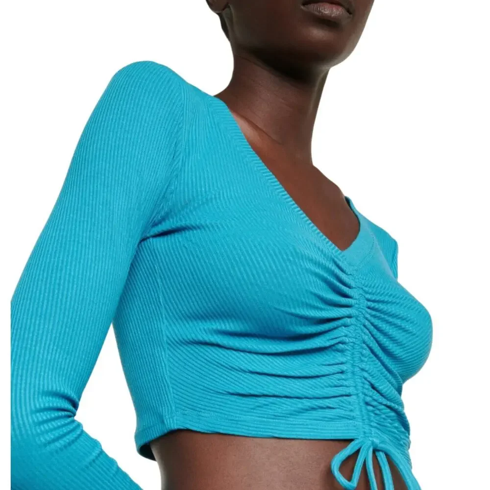 Alo Yoga Blue Ribbed Cinch Ruched Crop Top